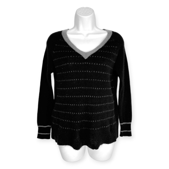 Subtle Luxury | S/M | 100% Cashmere Black Gray Stripe V-Neck Hi-Lo Sweater - Picture 1 of 6